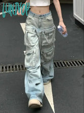 Lunivop Women American Vintage Y2K Cyber Punk Kpop Multi-Pocket Low Rise Cargo Denim Pants Baggy